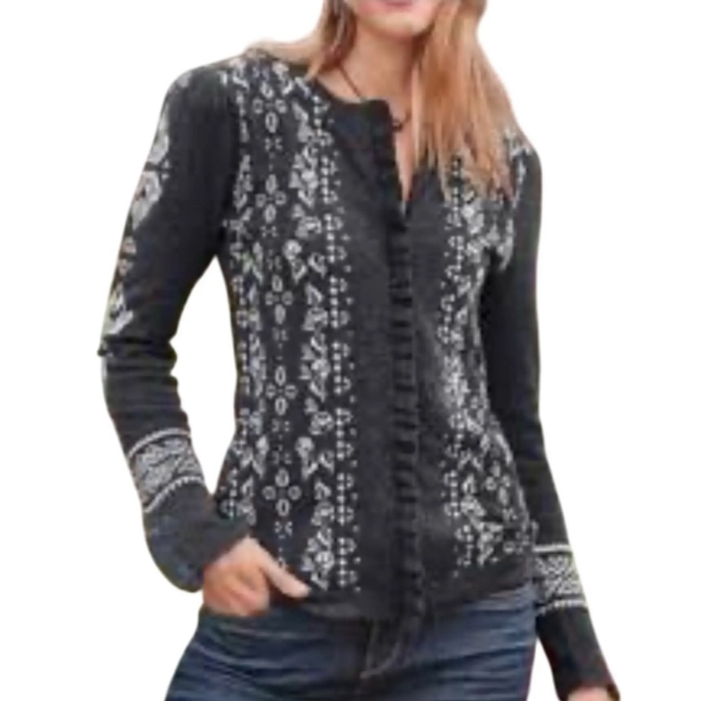 Sundance Anya Nordic Fair Isle Ruffled Wool Blend Sweater Cardigan S